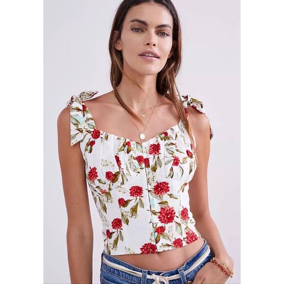 ERI + ALI for ANTHROPOLOGIE Women’s White Red Green Floral Tie Strap Button Fron - Picture 1 of 9